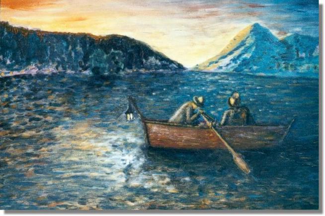 Nächtliche Kahnfahrt auf dem Rhein bei Unkel